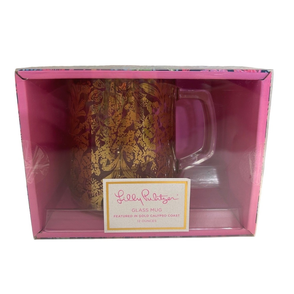 Lilly Pulitzer Gold Calypso Coast Metallic Floral Glass Mug 12oz New in Box!